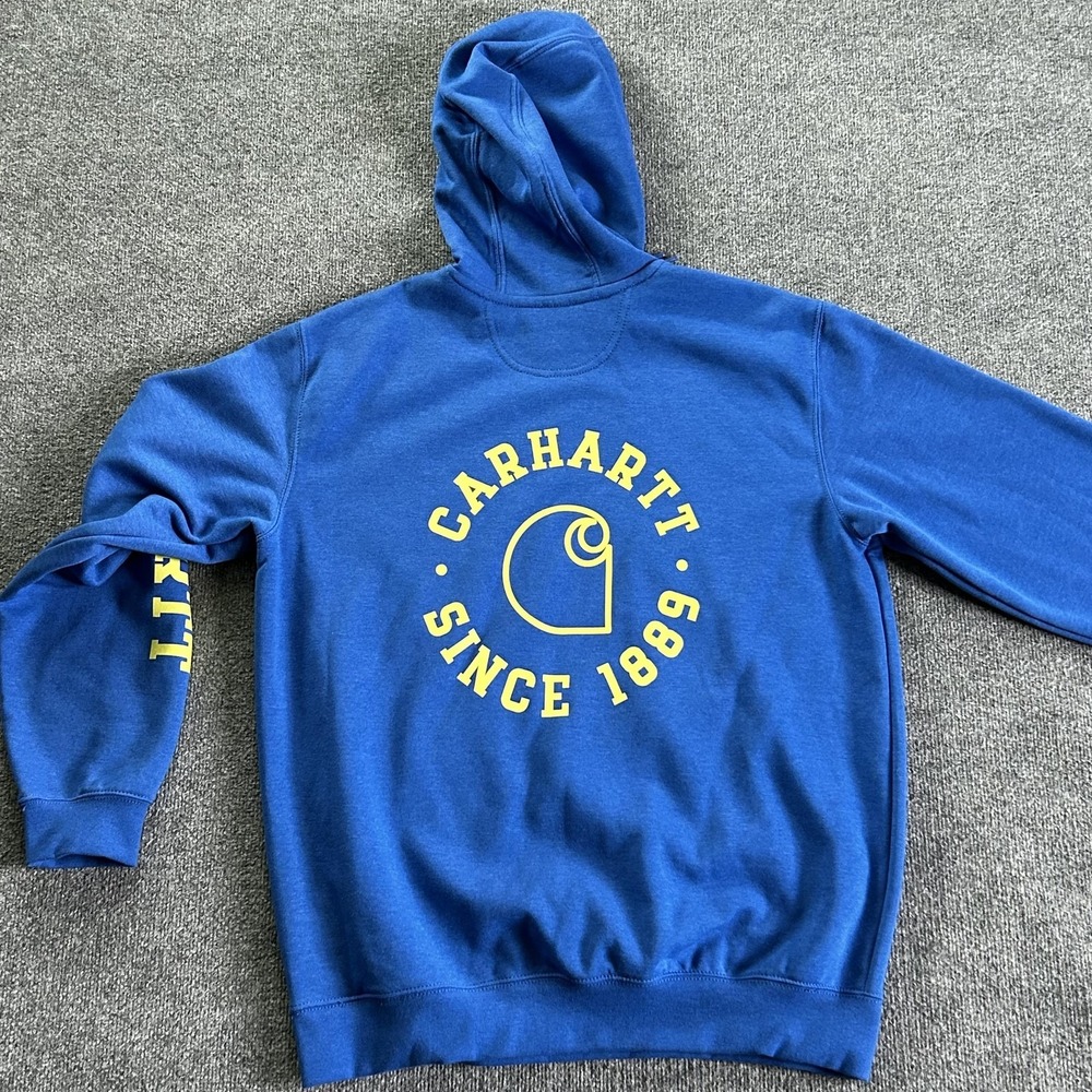 Carhartt Fleece Hoodie Mens Large Blue Rain Defender Pullover Logo Sleeve - Picture 9 of 10